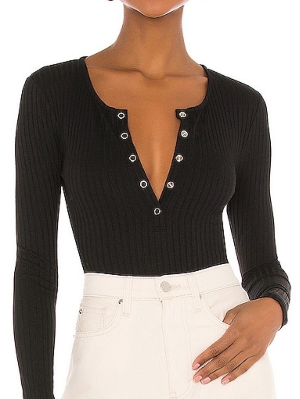 Lovers + Friends Black Ribbed Long Sleeve Lina Bodysuit